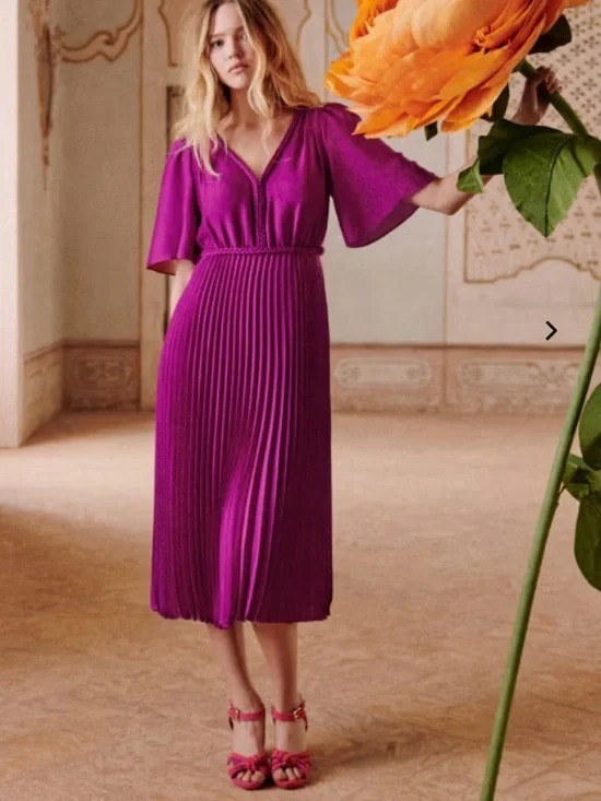 Sezane Pleated V-Neck Midi Dress in Magenta - Picture 1 of 16